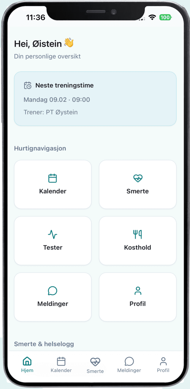 SmerteFri dashboard – oversikt for bruker og rehab-trener